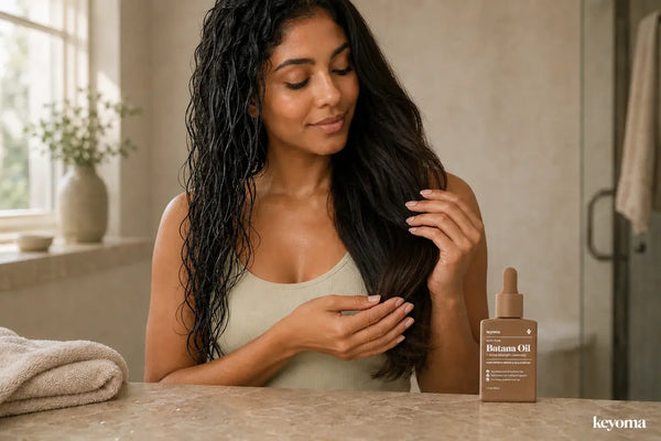 Woman comparing damp and dry sections of her curly hair beside a bottle of Keyoma Batana Oil.