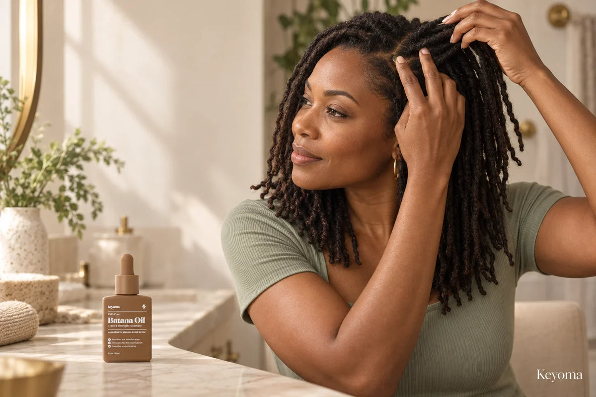 Woman checking her locs while using a small amount of Keyoma Batana Oil.