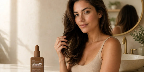 Woman touching her voluminous low-density hair beside a bottle of Keyoma Batana Oil in a warm bathroom setting.