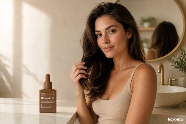 Woman touching her voluminous low-density hair beside a bottle of Keyoma Batana Oil in a warm bathroom setting.