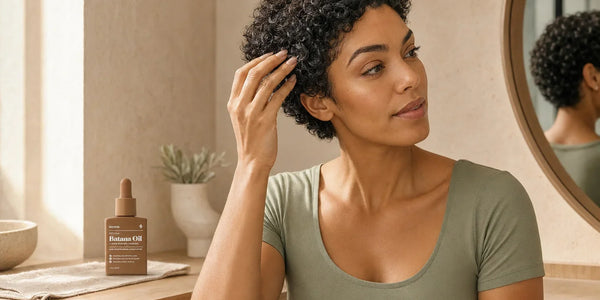Woman applying hair oil to short curly hair beside a bottle of Keyoma Batana Oil.