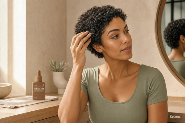 Woman applying hair oil to short curly hair beside a bottle of Keyoma Batana Oil.