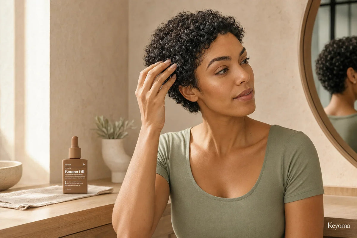 Woman applying hair oil to short curly hair beside a bottle of Keyoma Batana Oil.