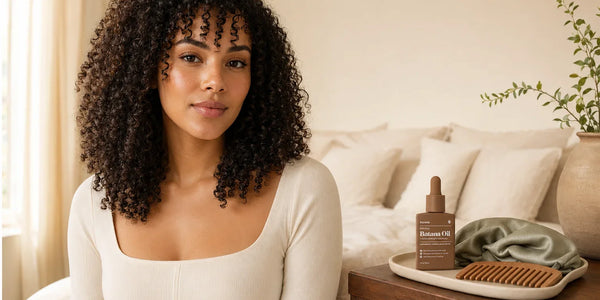 Woman with defined curls beside Keyoma Batana Oil, a satin bonnet, and a wide-tooth comb.