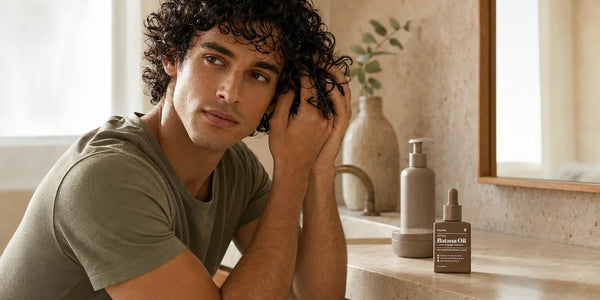 Man applying a styling product to curly hair with a bottle of Keyoma Batana Oil on the bathroom counter.