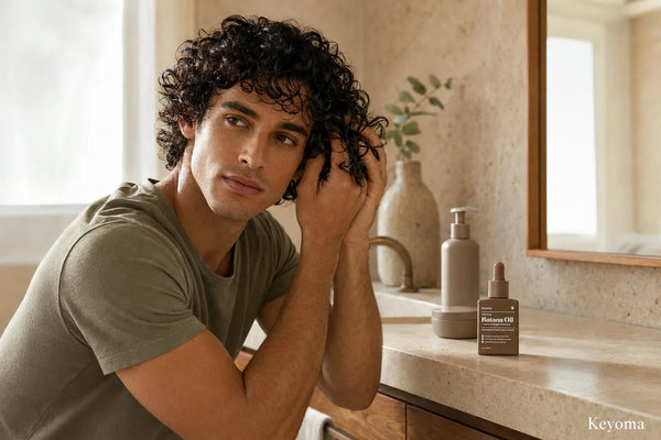 Man applying a styling product to curly hair with a bottle of Keyoma Batana Oil on the bathroom counter.