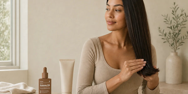 Woman applying hair oil to her ends beside Keyoma Batana Oil and a bond-building treatment.