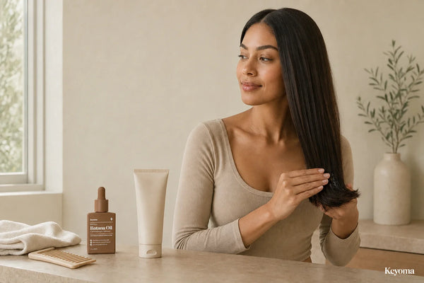 Woman applying hair oil to her ends beside Keyoma Batana Oil and a bond-building treatment.