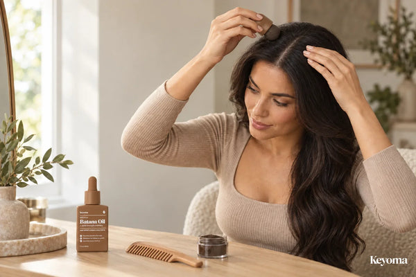 Woman applying hair-building fibers at the roots with Keyoma Batana Oil nearby.
