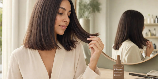 Woman inspecting her freshly trimmed hair ends beside Keyoma Batana Oil at a salon vanity.
