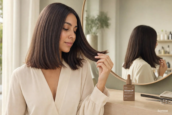 Woman inspecting her freshly trimmed hair ends beside Keyoma Batana Oil at a salon vanity.