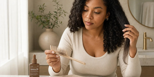 Woman examining hair caught in a wooden comb while detangling, with a bottle of Keyoma Batana Oil nearby.