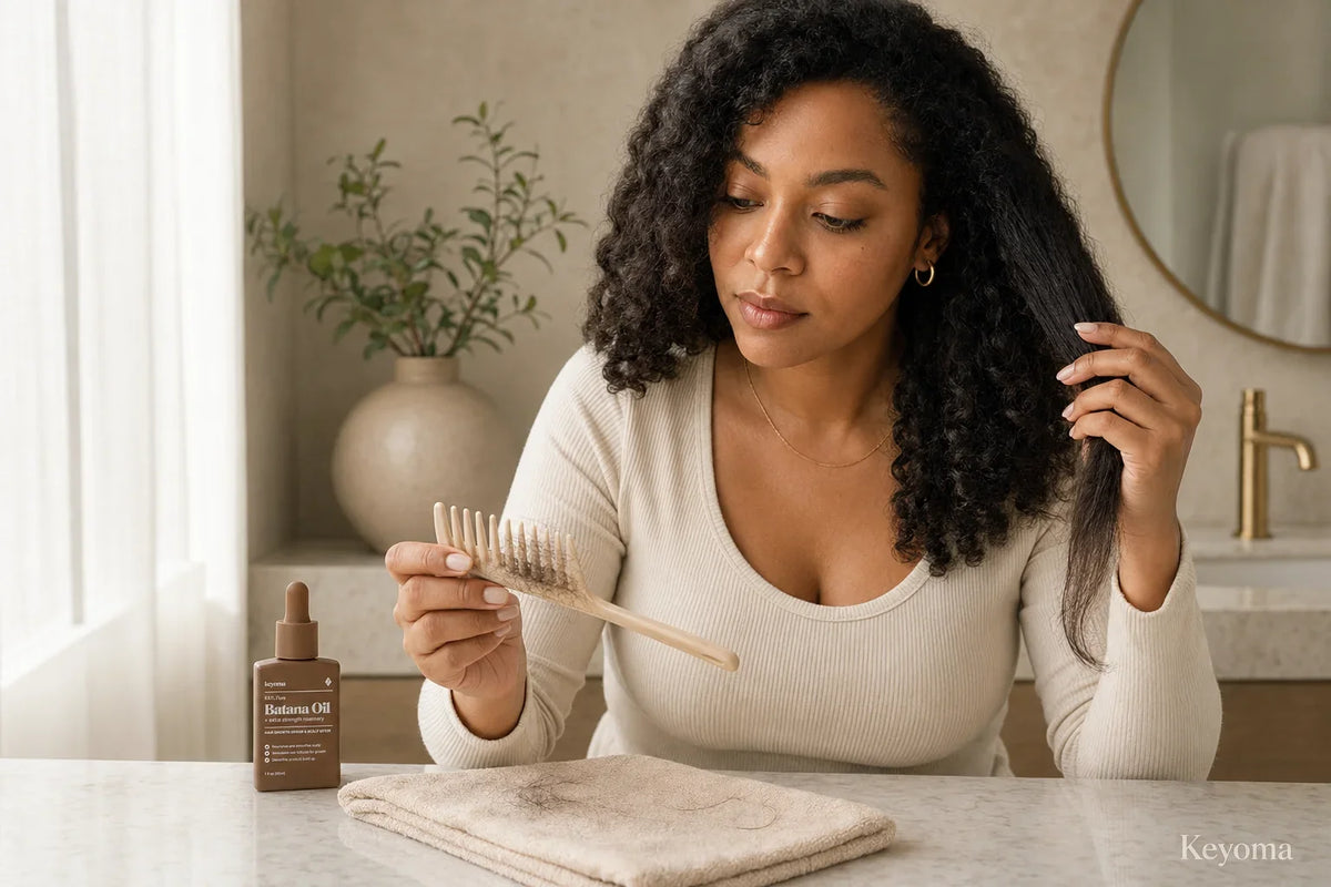 Woman examining hair caught in a wooden comb while detangling, with a bottle of Keyoma Batana Oil nearby.