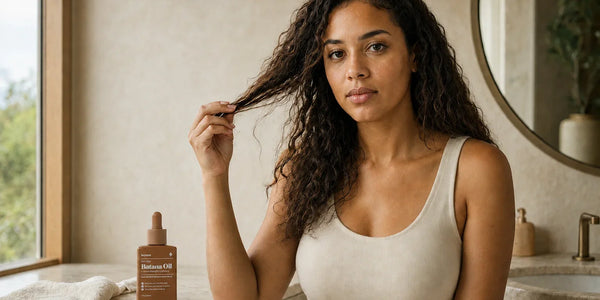 Woman examining the texture of her air-dried hair beside a bottle of Keyoma Batana Oil.