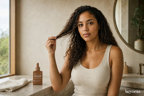 Woman examining the texture of her air-dried hair beside a bottle of Keyoma Batana Oil.