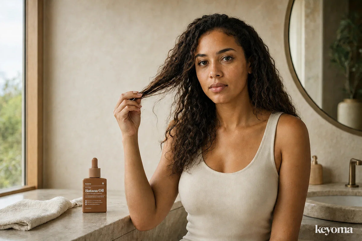 Woman examining the texture of her air-dried hair beside a bottle of Keyoma Batana Oil.