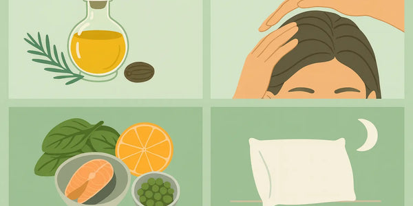Illustration showing Keyoma’s hair care tips: oils, scalp massage, nutrient-rich foods, and restful sleep.