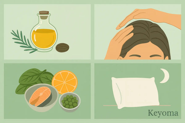 Illustration showing Keyoma’s hair care tips: oils, scalp massage, nutrient-rich foods, and restful sleep.