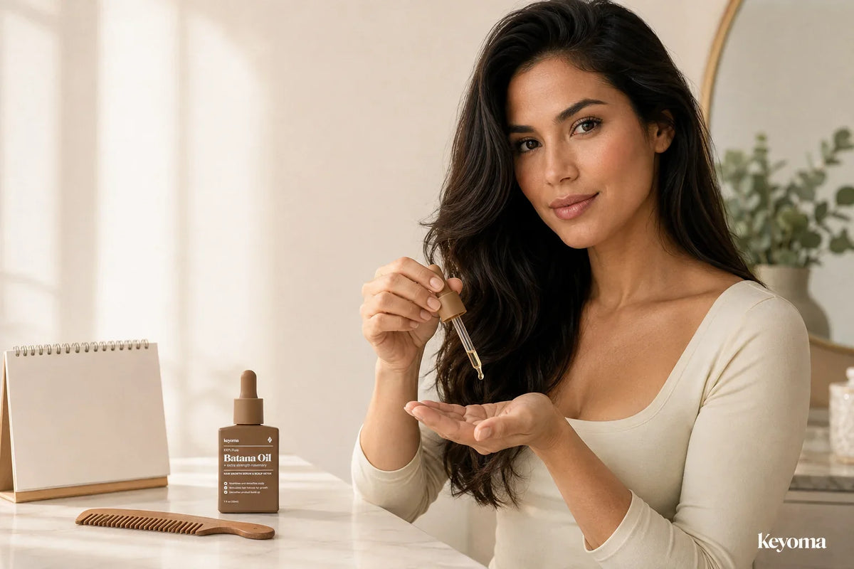 Woman measuring Keyoma Batana Oil with a dropper beside a 30 mL bottle, comb, and calendar.