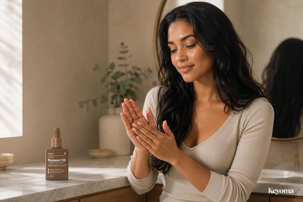 Woman emulsifying hair oil between her palms beside a bottle of Keyoma Batana Oil with Rosemary.