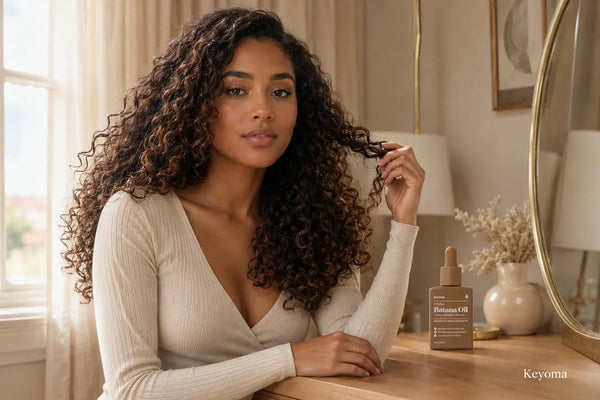 Woman holding a defined curl beside a bottle of Keyoma Batana Oil on a vanity.