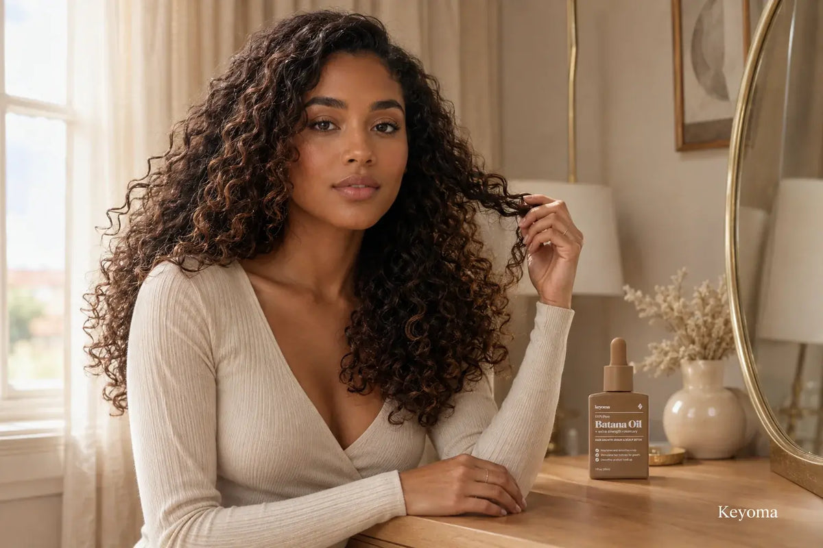 Woman holding a defined curl beside a bottle of Keyoma Batana Oil on a vanity.