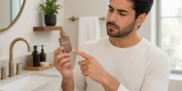 Man inspecting a Keyoma Batana Oil bottle in a bathroom to check whether the hair oil may have gone rancid.