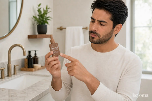 Man inspecting a Keyoma Batana Oil bottle in a bathroom to check whether the hair oil may have gone rancid.