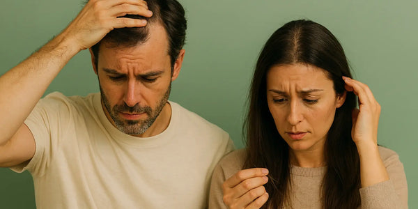 Concerned man and woman examining their hair, each displaying visible signs of hair loss