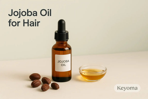 A Keyoma bottle of jojoba oil with a dropper stands next to a small bowl of oil and several jojoba nuts on a light-colored surface.