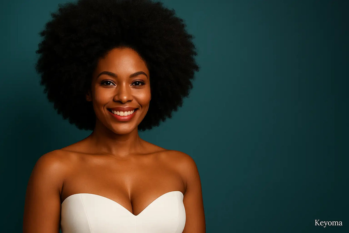 Smiling woman with natural afro hair poses against teal backdrop, featuring Keyoma branding; healthy hair, portrait.