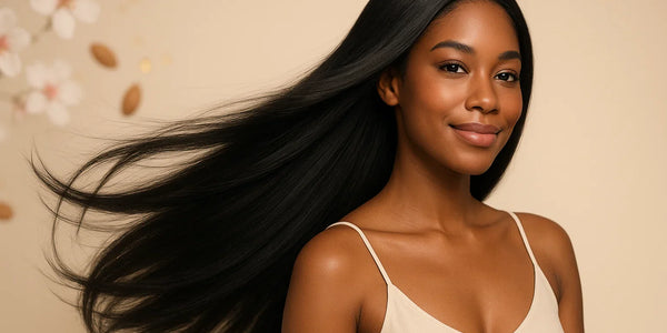 A woman with long flowing black hair smiles, showcasing Keyoma almond oil care and glossy shine.