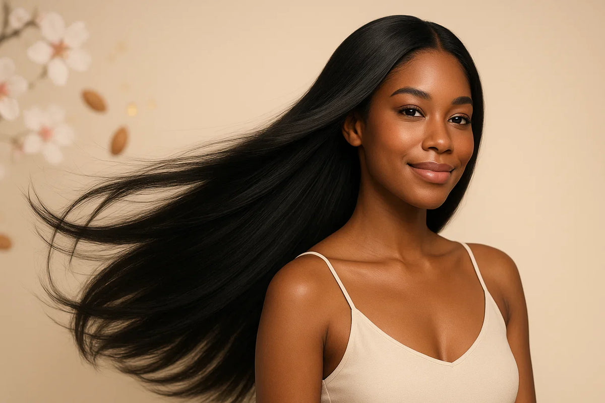 A woman with long flowing black hair smiles, showcasing Keyoma almond oil care and glossy shine.