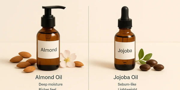 Keyoma side by side display of almond oil and jojoba oil with their main hair benefits.