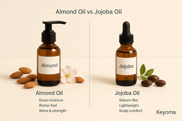 Keyoma side by side display of almond oil and jojoba oil with their main hair benefits.