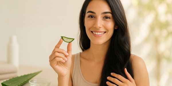 A smiling woman holds a fresh slice of aloe vera beside a small bowl of gel and touches her long hair, illustrating Keyoma’s natural aloe routine for soothing the scalp and caring for strands.
