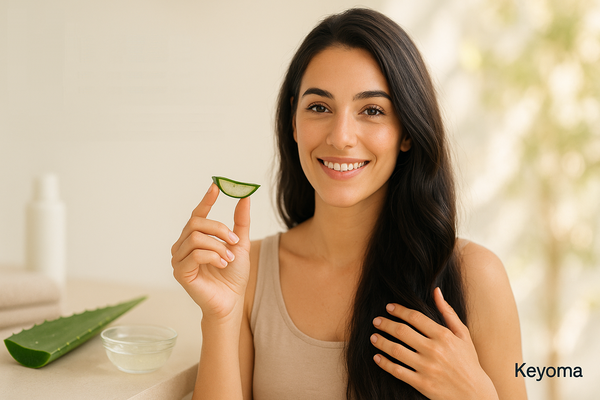 A smiling woman holds a fresh slice of aloe vera beside a small bowl of gel and touches her long hair, illustrating Keyoma’s natural aloe routine for soothing the scalp and caring for strands.