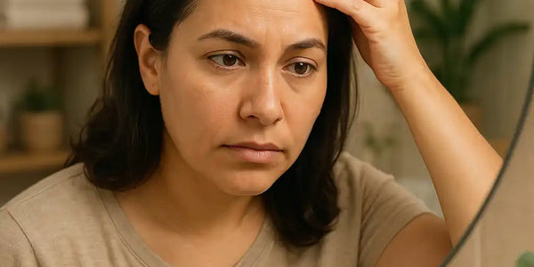 A Hispanic woman examining a bald spot in the mirror, visually representing alopecia areata symptoms. Keyoma is noted in the bottom right.