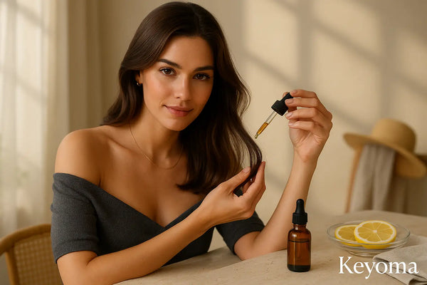 A woman applies a drop of lemon-infused hair oil to her ends at home, with amber bottles and lemon slices on the table, illustrating Keyoma’s gentle hair-care routine.