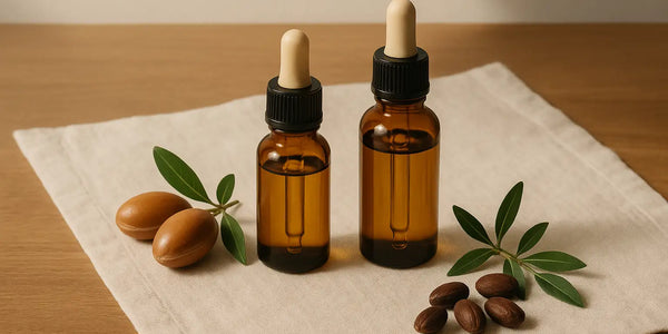 Two amber dropper bottles of Keyoma argan oil are placed beside fresh argan nuts and leaves on a cloth.