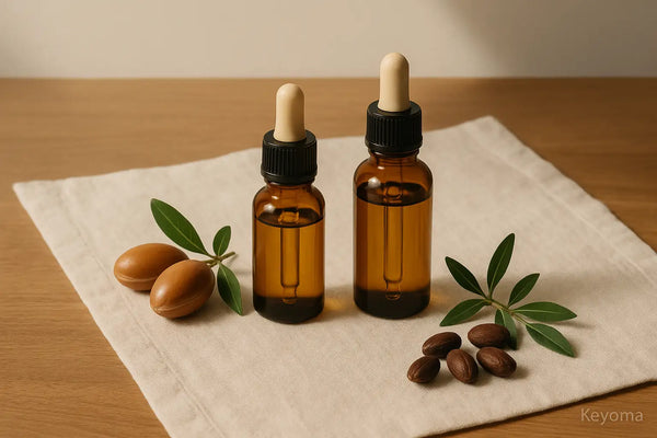 Two amber dropper bottles of Keyoma argan oil are placed beside fresh argan nuts and leaves on a cloth.