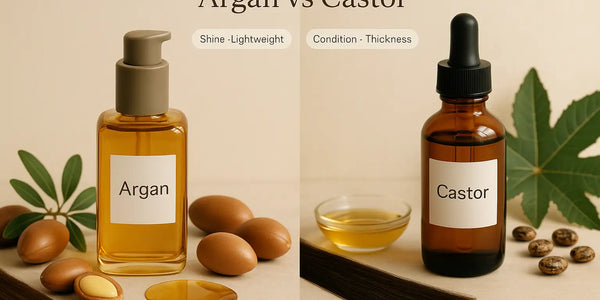 A Keyoma comparison image showing argan oil with nuts on one side and castor oil with seeds on the other, highlighting their different hair benefits.