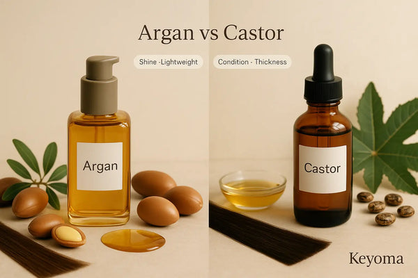 A Keyoma comparison image showing argan oil with nuts on one side and castor oil with seeds on the other, highlighting their different hair benefits.