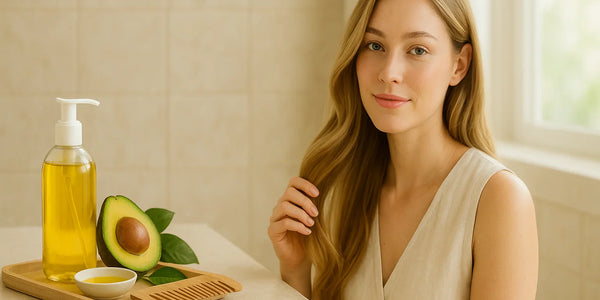 A woman with long blonde hair sits by a bright bathroom window next to a tray with a pump bottle of avocado oil, a halved avocado, a small dish of oil, and a wooden comb, illustrating a Keyoma-inspired natural hair-care routine.