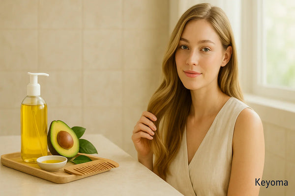 A woman with long blonde hair sits by a bright bathroom window next to a tray with a pump bottle of avocado oil, a halved avocado, a small dish of oil, and a wooden comb, illustrating a Keyoma-inspired natural hair-care routine.