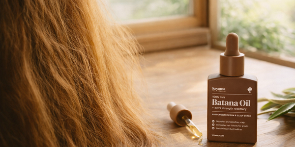 Batana oil bottle with dropper beside hair strands on wooden table in soft window light.