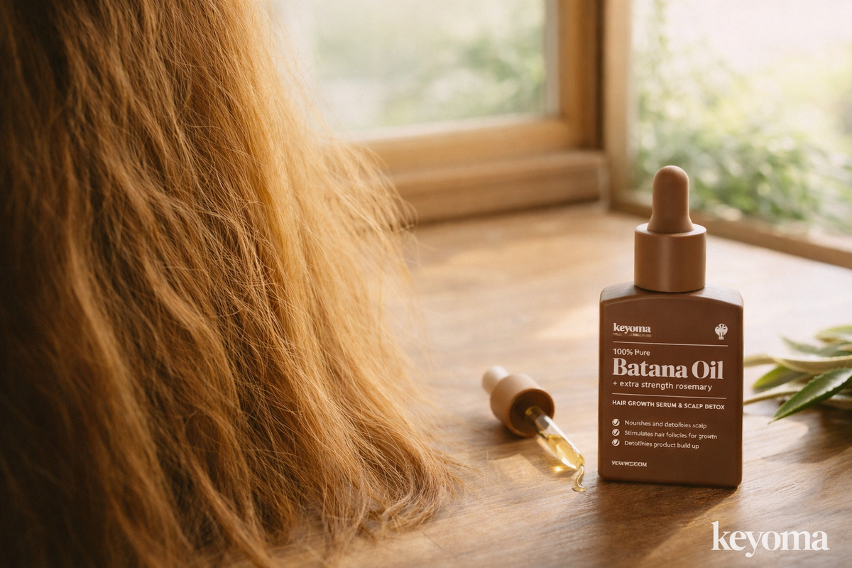 Batana oil bottle with dropper beside hair strands on wooden table in soft window light.