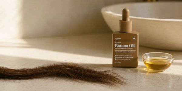 Keyoma Batana Oil bottle with a brown hair swatch and golden oil bowl beside a sink.