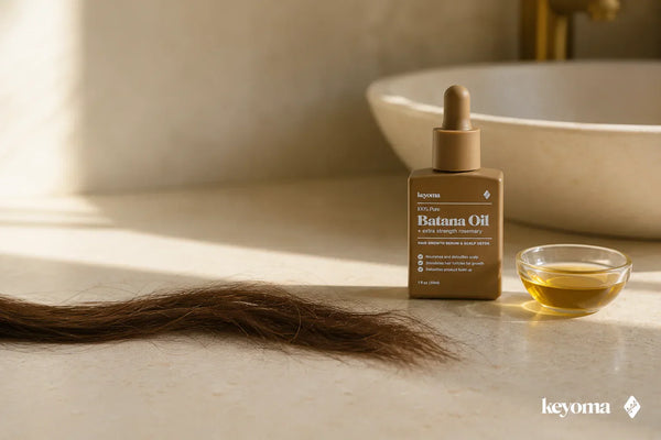 Keyoma Batana Oil bottle with a brown hair swatch and golden oil bowl beside a sink.