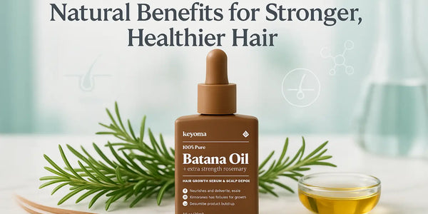 A Keyoma Batana Oil bottle with rosemary and a small bowl of oil on a clean surface, highlighting its natural, chemical-free benefits for healthier hair.